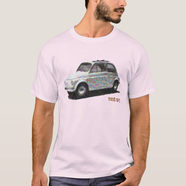 Camiseta Fiat 500 clásico en blanco sobre rosa claro (Anverso)
