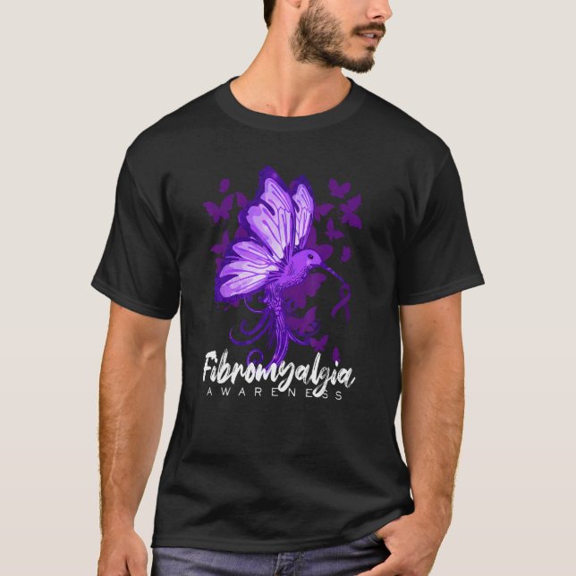 Camiseta Fibromyalgia Awareness Hummingbird Holding Purple  (Anverso)
