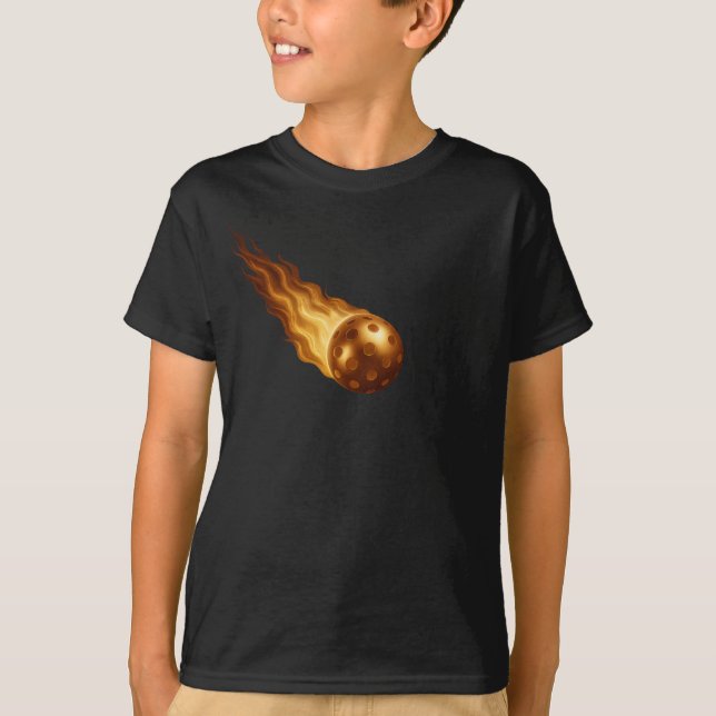 Camiseta Fiery Golden Flames | Pickleball Player Kids Black (Anverso)