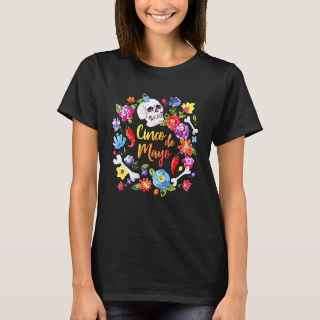 Camiseta Fiesta Cinco De Mayo Flores Con Calavera 5 De Mayo (Anverso)