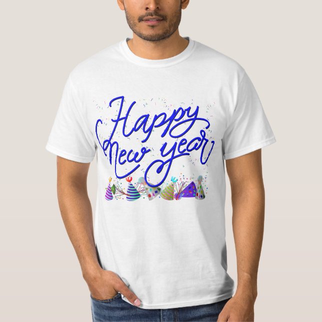 Camiseta Fiesta de Año Nuevo 'Feliz Año Nuevo' azul (Anverso)