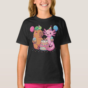 Camiseta Fiesta de Cumpleaños de Capybara y Axolotl Kawaii