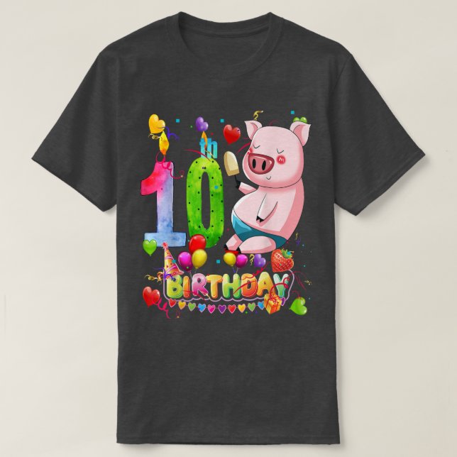 Camiseta Fiesta de cumpleaños de cerdo niño de 10 años 9.º  (Diseño del anverso)