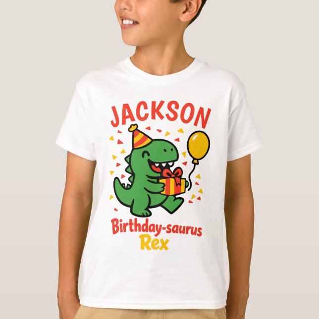 Camiseta Fiesta de Cumpleaños de Dinosaurio con Nombre Pers (Anverso)