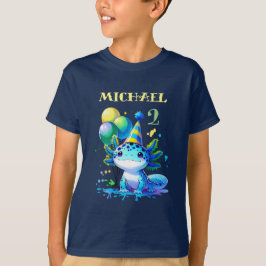 Camiseta Fiesta de cumpleaños de niño Axolotl azul y verde