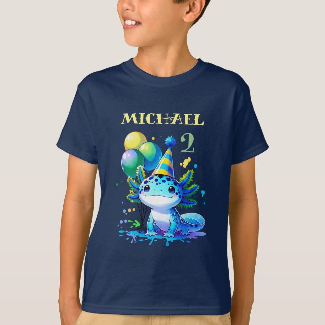 Camiseta Fiesta de cumpleaños de niño Axolotl azul y verde (Anverso)