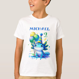 Camiseta Fiesta de cumpleaños de niño Axolotl azul y verde
