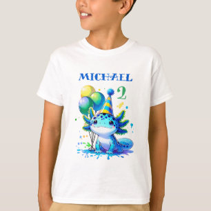 Camiseta Fiesta de cumpleaños de niño Axolotl azul y verde