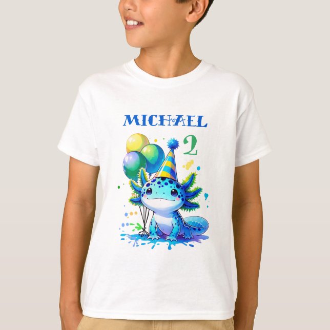 Camiseta Fiesta de cumpleaños de niño Axolotl azul y verde (Anverso)