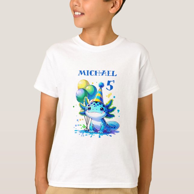 Camiseta Fiesta de cumpleaños de niño Axolotl azul y verde (Anverso)