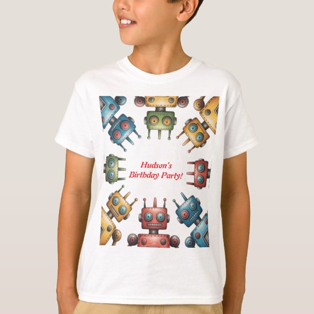Camiseta Fiesta de Cumpleaños de Niño con Robots Retro Colo (Anverso)