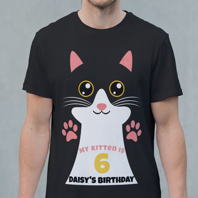 Camiseta Fiesta de cumpleaños de padre de gato de Kitty ("my kitten is" age and custom name cut kid's birthday party shirt kitty cat black )