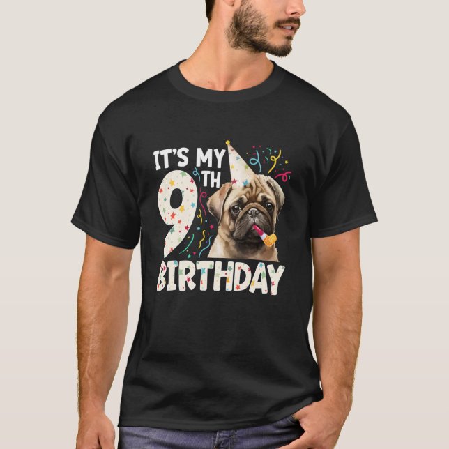 Camiseta Fiesta de cumpleaños de Pug número 9 Perro de 9 añ (Anverso)
