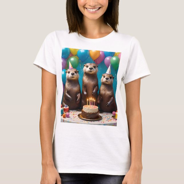 Camiseta Fiesta de cumpleaños de trillizos de nutria,  (Anverso)