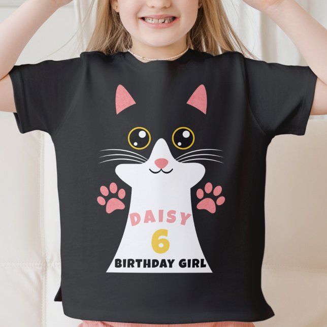 Camiseta Fiesta de cumpleaños de un niño de gatos de Kitty (Cute kitty cat birthday shirt with oversized cat face and custom name and age)