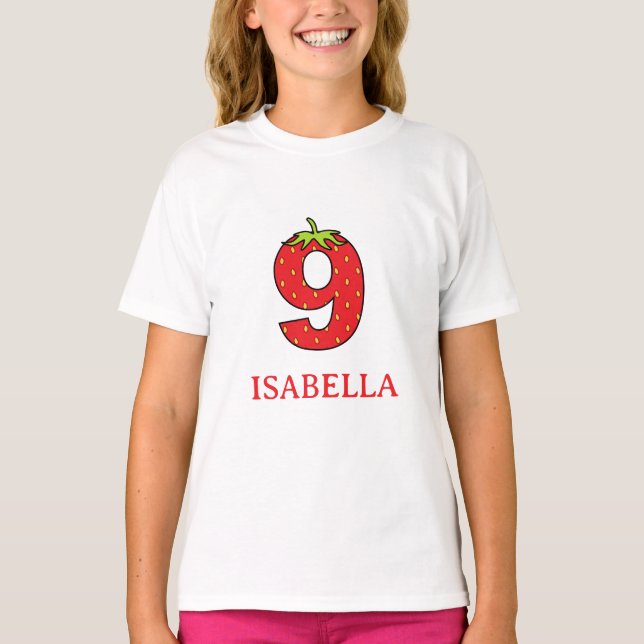 Camiseta Fiesta de cumpleaños número 9 con tema de fresa (Anverso)