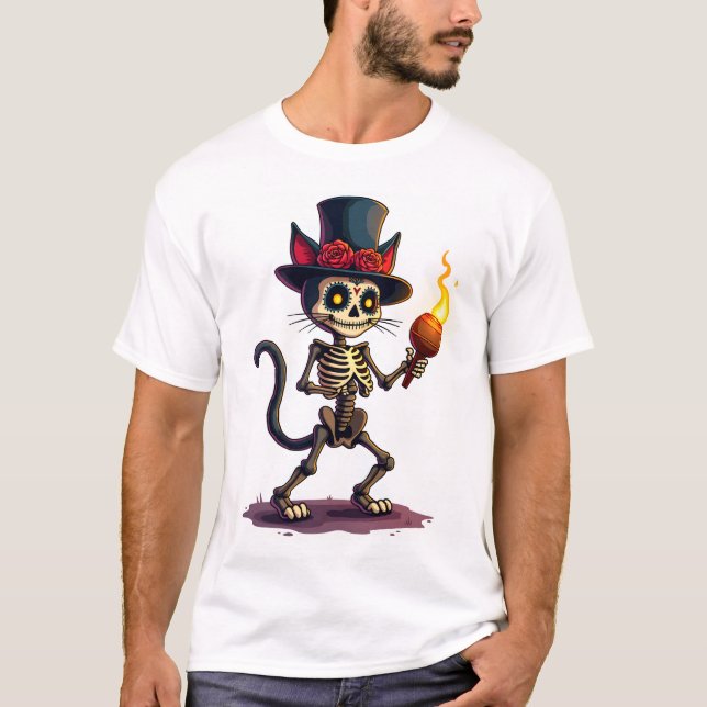Camiseta Fiesta de Gatos Esqueleto (Anverso)