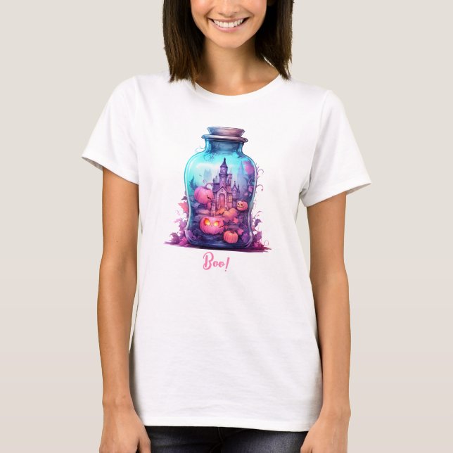 Camiseta Fiesta de Halloween azul y rosa pastel (Anverso)