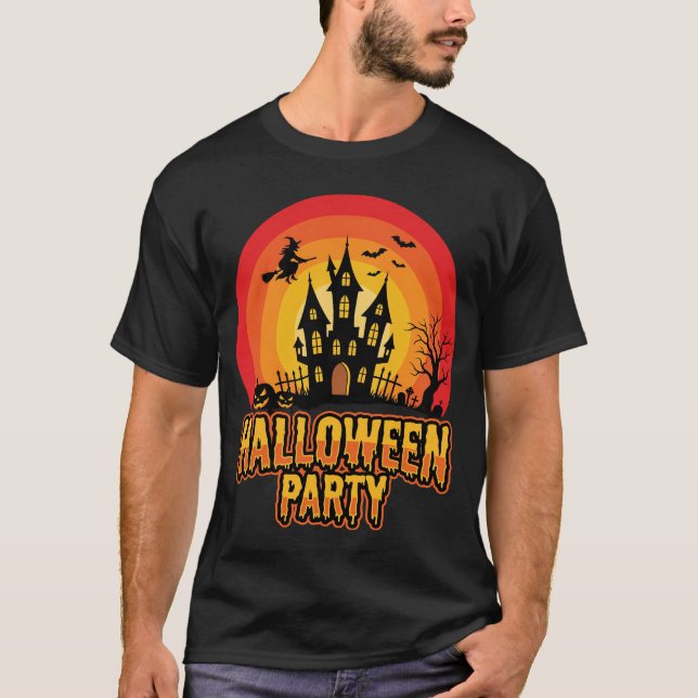 Camiseta Fiesta de Halloween Castillo Embrujado Vector Retr (Anverso)