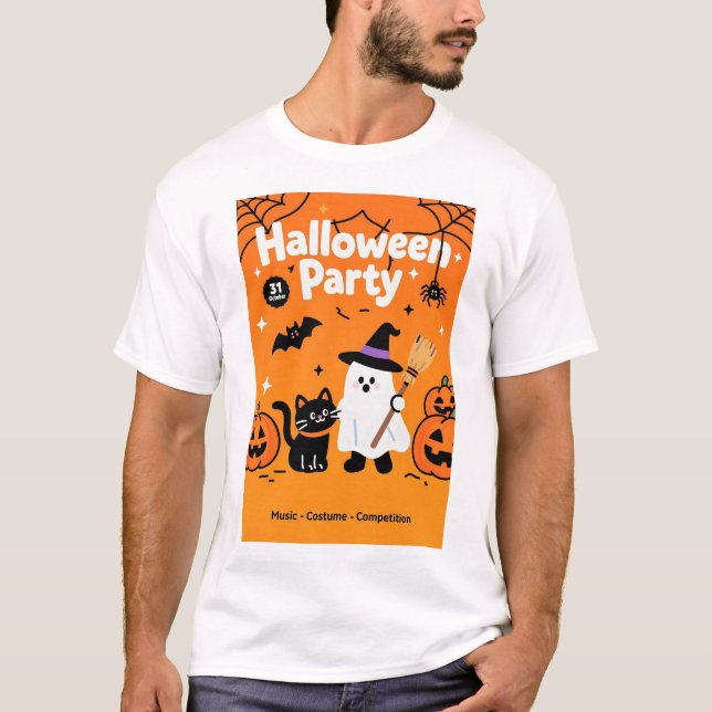 Camiseta Fiesta de Halloween de Gato Negro Fantasma (Anverso)