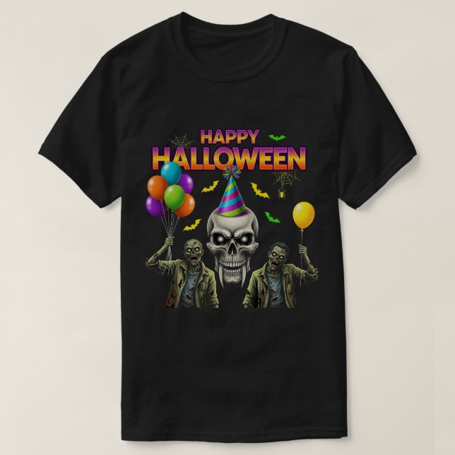 Camiseta Fiesta de Halloween Feliz para Zombie y Skull (Diseño del anverso)
