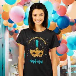 Camiseta Fiesta de Mardi Gras de Máscara Dorada y Azul