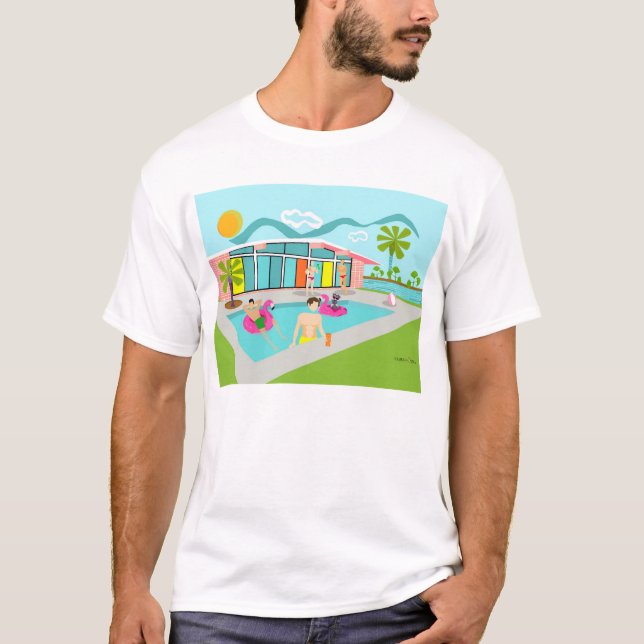 Camiseta Fiesta de piscina de flamenco rosa gay retro (Anverso)
