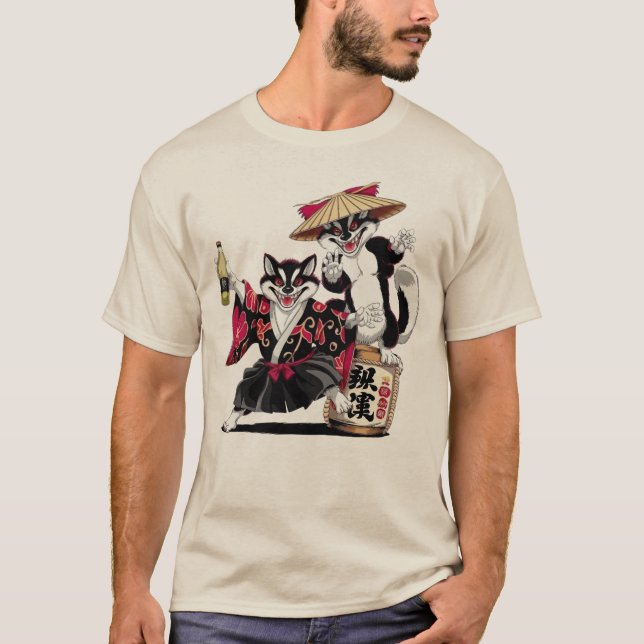 Camiseta Fiesta de Sake de Gatos Samurái  (Anverso)