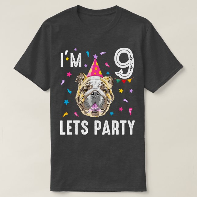 Camiseta Fiesta Noveno Cumpleaños Con Bulldog Inglés (Diseño del anverso)