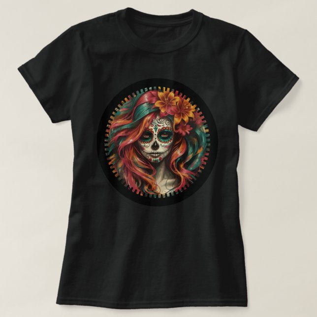 Camiseta Fiesta Skull Women's Tee - Orange & Teal (Diseño del anverso)
