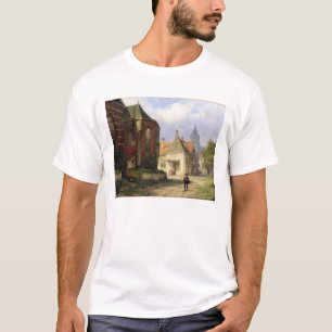 Camiseta Figure antes de una iglesia de ladrillo en una
