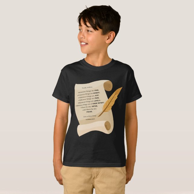 Camiseta Filipinas 4:8 KJV Cita Biblia de Scroll Boy (Anverso completo)
