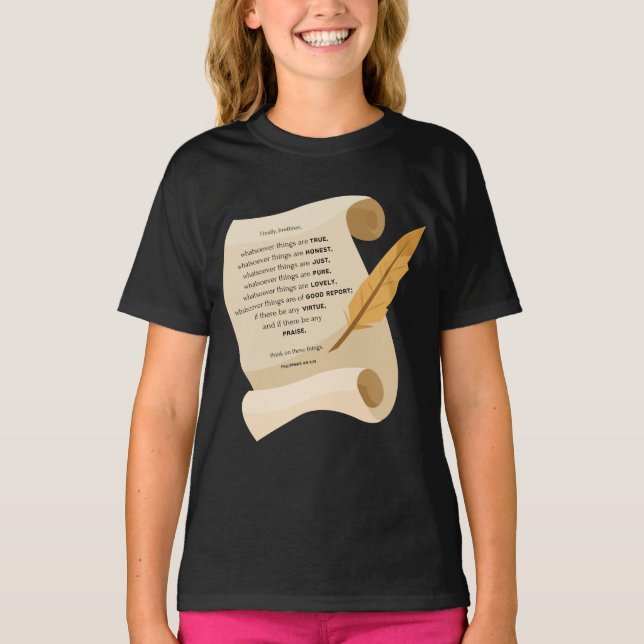 Camiseta Filipinas 4:8 KJV Cita de la Biblia Chica de Despl (Anverso)