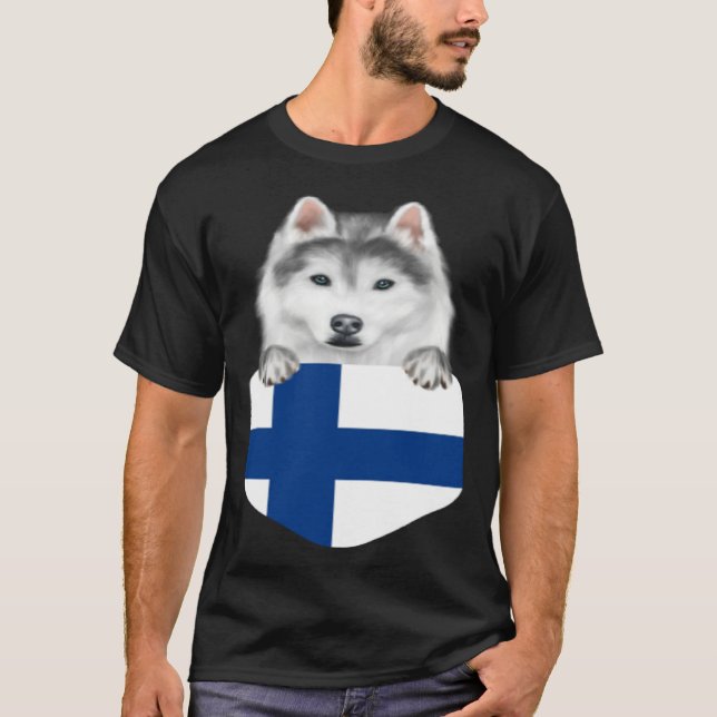 Camiseta Finland Flag Siberian Husky Dog In Pocket (Anverso)