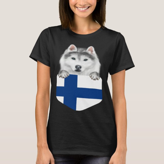 Camiseta Finland Flag Siberian Husky Dog In Pocket (Anverso)