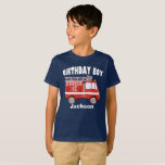 Camiseta Fire Truck Birthday Party Boy Custom Kids<br><div class="desc">A cool firefighter themed birthday party tee featuring a red fire engine with Birthday Boy written in white text above. Personalize with your child's name underneath.</div>