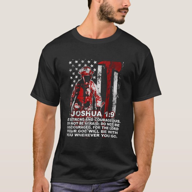 Camiseta Firefighter Axe Thin Red Line Us Flag Joshua 19 Ch (Anverso)