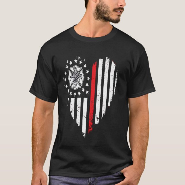 Camiseta Firefighter Heart Thin Red Line American Flag Fire (Anverso)
