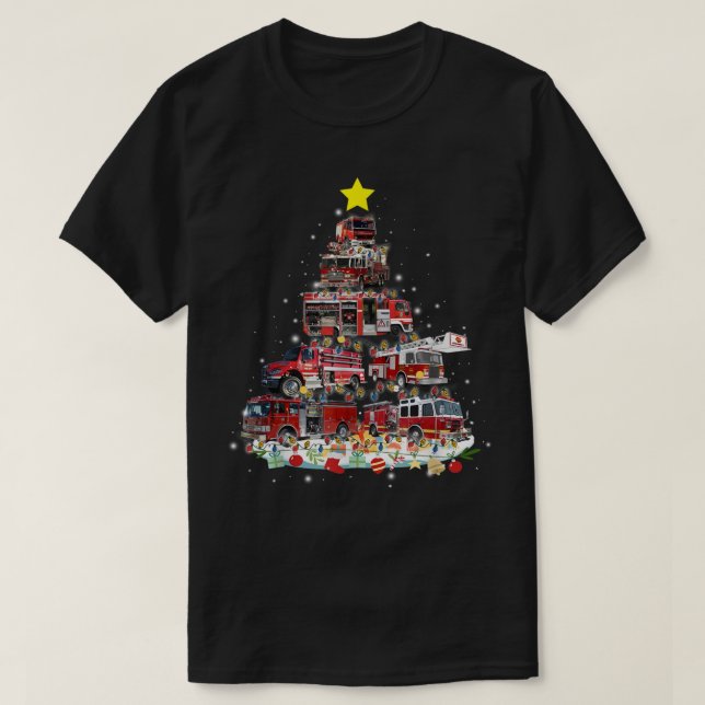 Camiseta Firefighter Truck Christmas Tree Funny Xmas Pajama (Diseño del anverso)