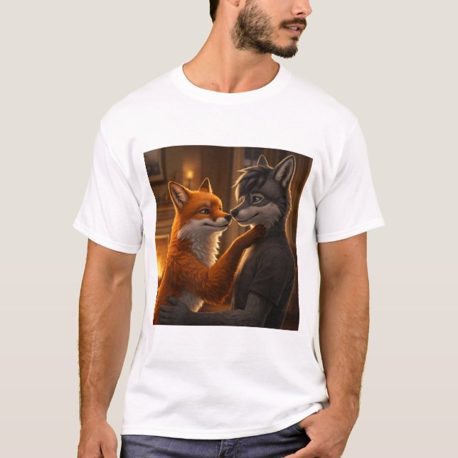 Camiseta Fireside Tenderness: Un abrazo de Fox y Wolf (Anverso)