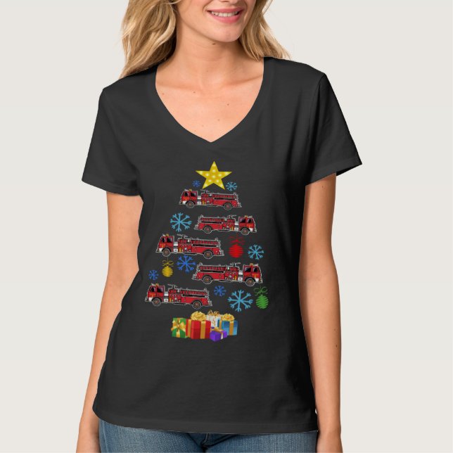 Camiseta Firetruck Christmas Tree Xmas Firefighter Fireman  (Anverso)