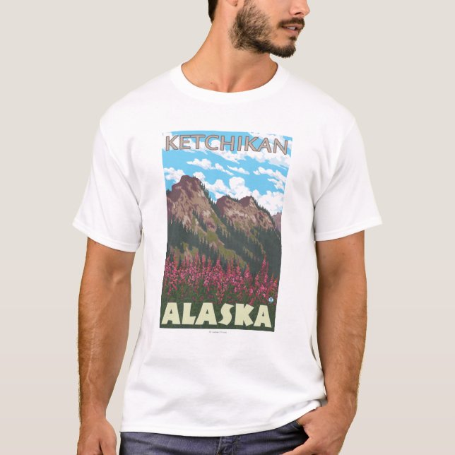 Camiseta Fireweed y montañas - Ketchikan, Alaska (Anverso)