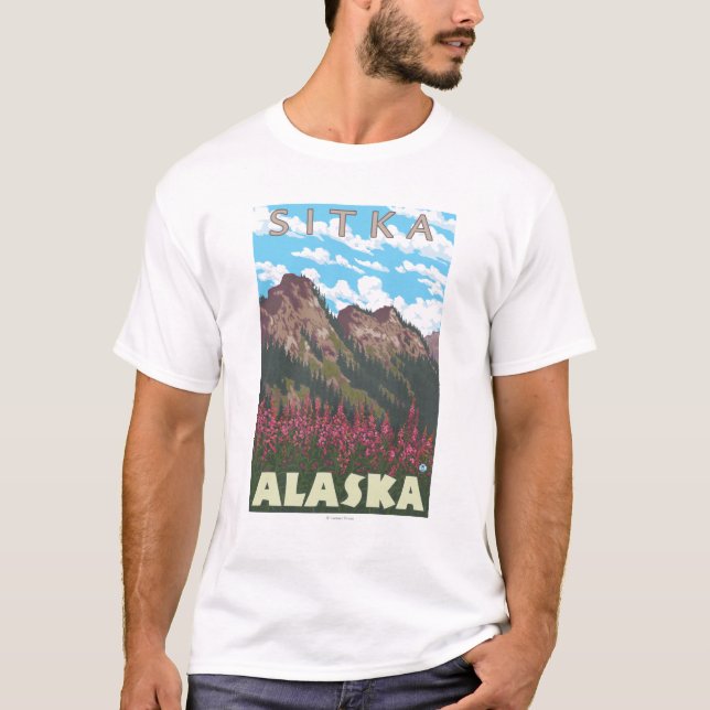 Camiseta Fireweed y montañas - Sitka, Alaska (Anverso)