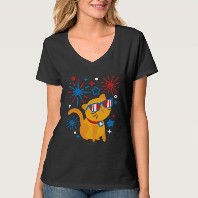 Camiseta Fireworks Meowica 4th Of July USA Flag Merica Cat (Anverso)
