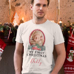 Camiseta First Christmas as Daddy Red Truck T-Shirt<br><div class="desc">Family first christmas t-shirt featuring a photo of your child with a two tone red border,  watercolor xmas trees,  a red pick up truck,  and the cute saying "my first christmas as daddy".</div>