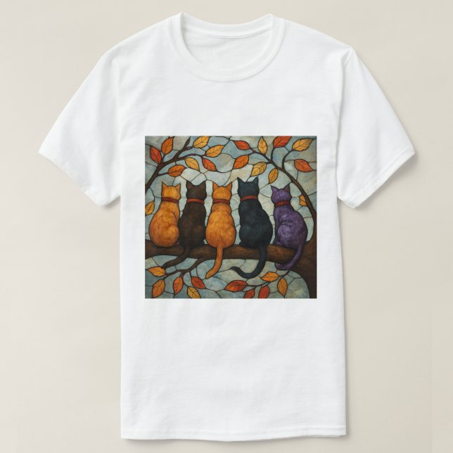 Camiseta Five Cats on a Tree Branch Stained Glass Style (Diseño del anverso)