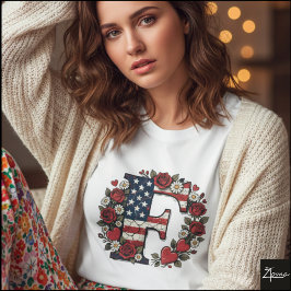 Camiseta Flag Letter F Roses Wreath Monogram