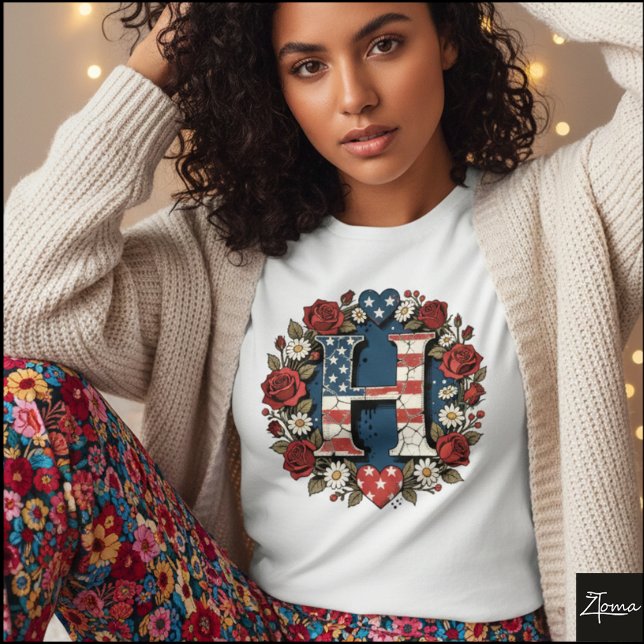 Camiseta Flag Letter H Roses Wreath Monogram (Sample design. Several style are available to choose from, with the option to add a name & color.
)