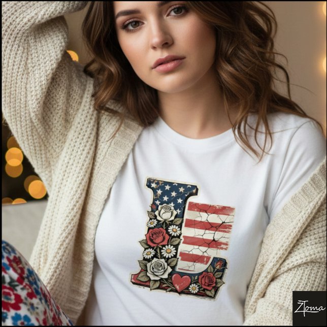Camiseta Flag Letter L Roses Heart Monogram (Sample design. Several style are available to choose from, with the option to add a name & color.
)