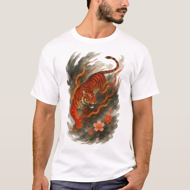 Camiseta 【Flame Tiger Japanese Ink Art Men’s T-Shirt】 (Anverso)